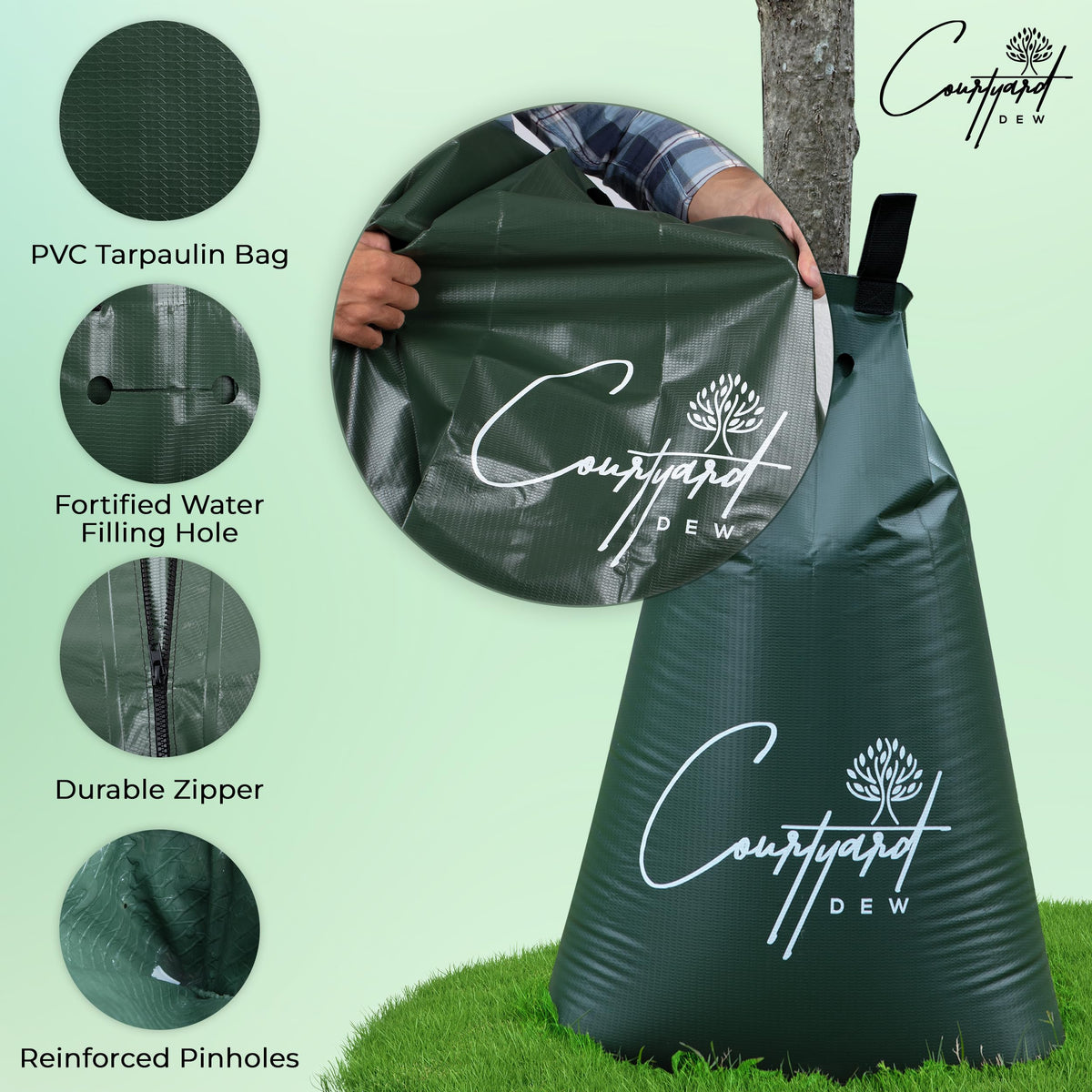Courtyard Dew tree watering bag hose-fill opening enables quick setup.