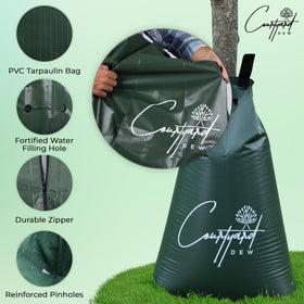 Courtyard Dew tree watering bag hose-fill opening enables quick setup.