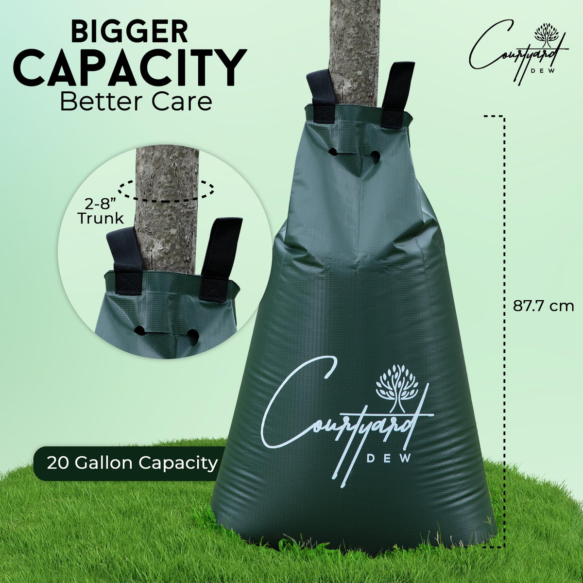 Courtyard Dew tree watering bag wrapped around trunk ready for drip irrigation.