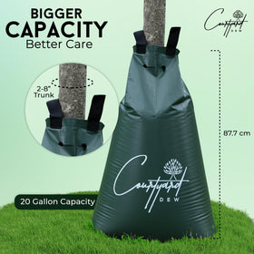 Courtyard Dew tree watering bag wrapped around trunk ready for drip irrigation.