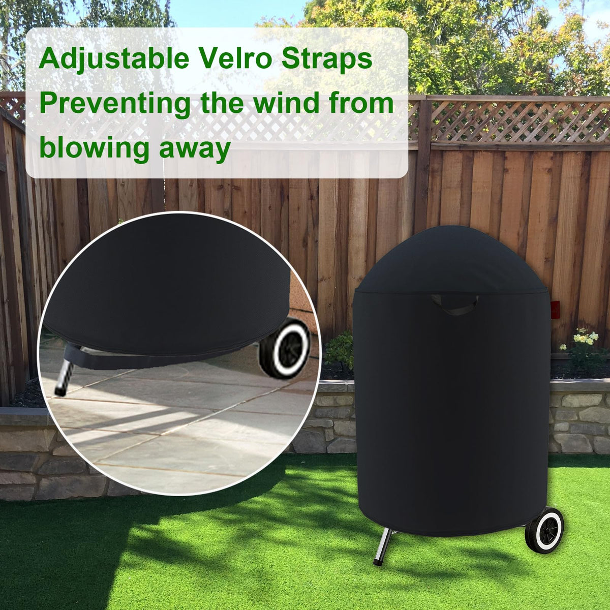 Cover Geny Premium Grill Cover with top handle for quick installation and removal.