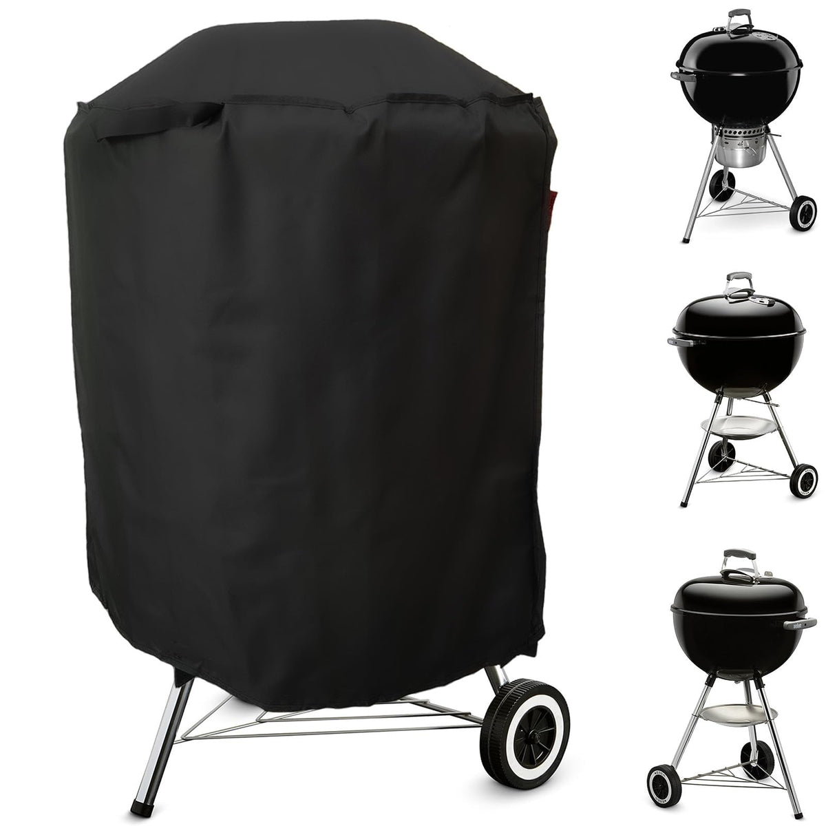 Cover Geny Premium Grill Cover on Weber 22-inch Jumbo Joe protects from rain and sun.