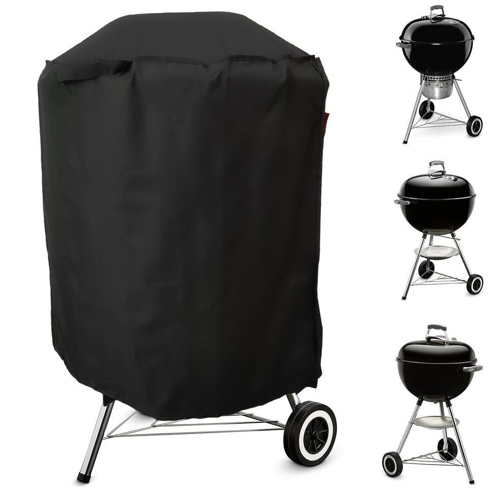 Cover Geny Premium Grill Cover on Weber 22-inch Jumbo Joe protects from rain and sun.