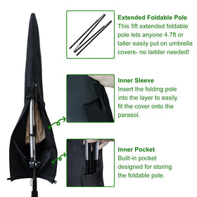Cover Geny windproof center strap and elastic hem secure a snug fit.
