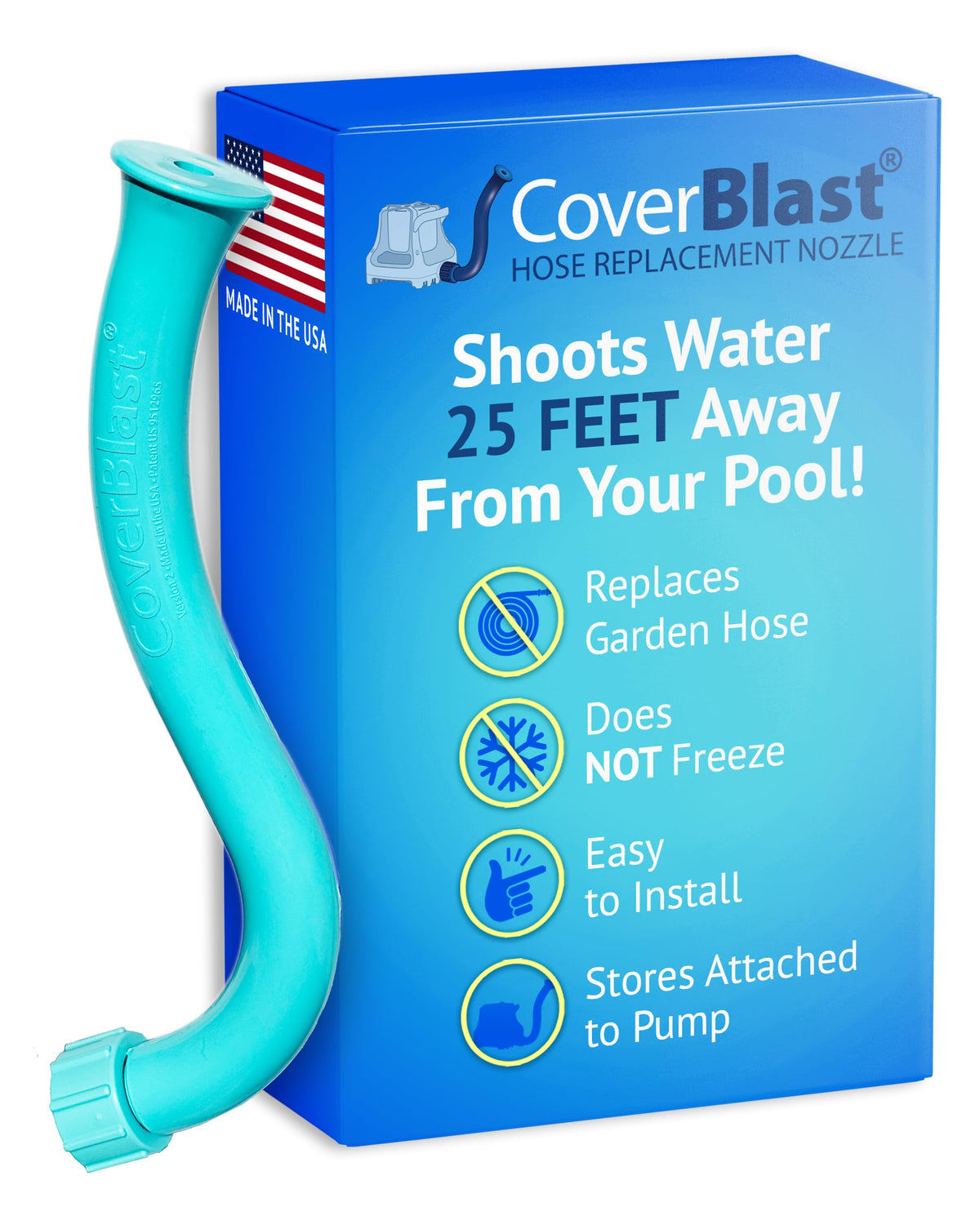 CoverBlast pool cover pump attachment closeup, showcasing durable ABS housing and secure fit.