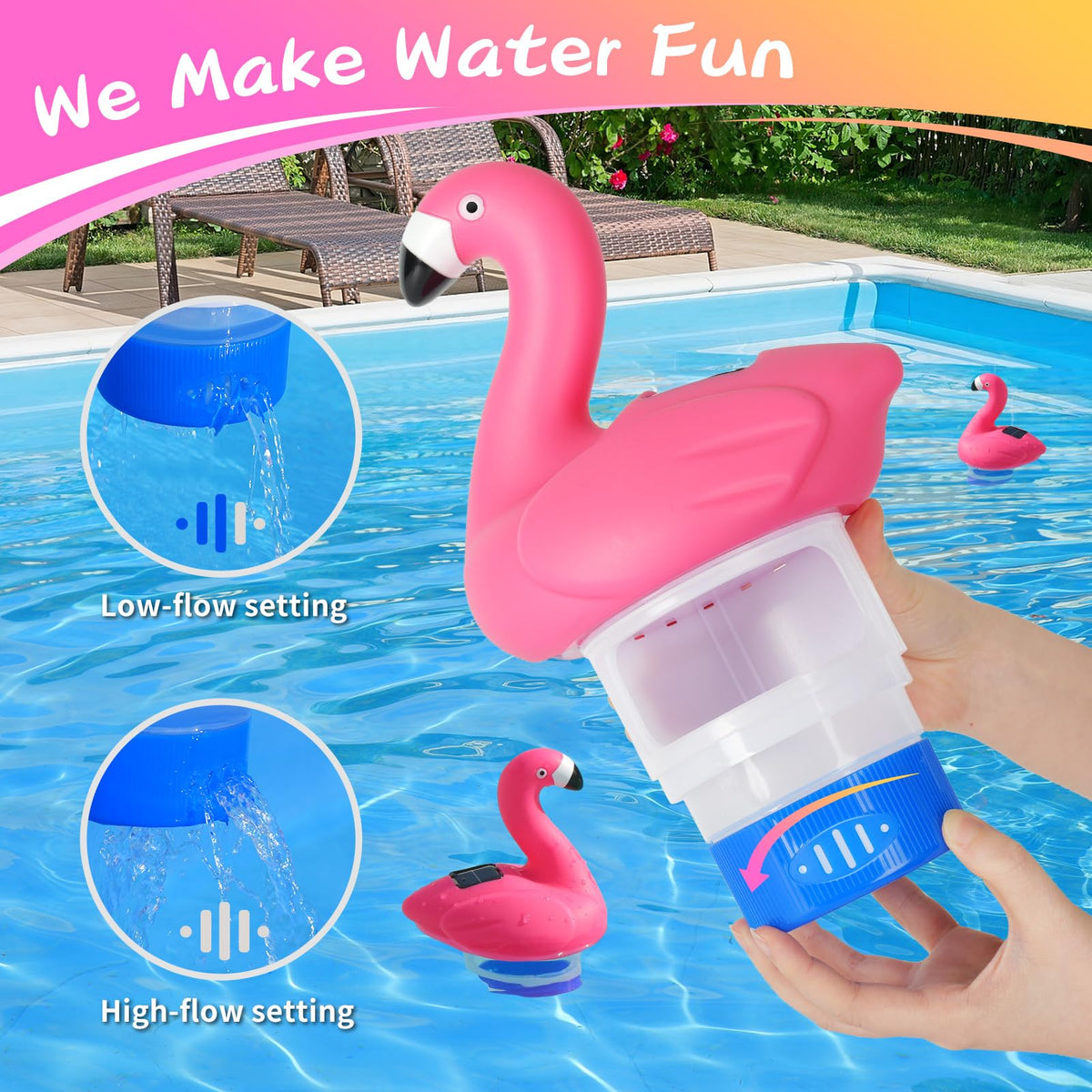 Covfirst flamingo floater adjustable flow controls chlorine distribution.