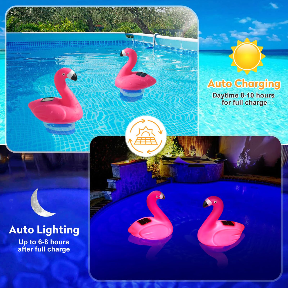 Covfirst flamingo floater glows at night for pool visibility and dosing.