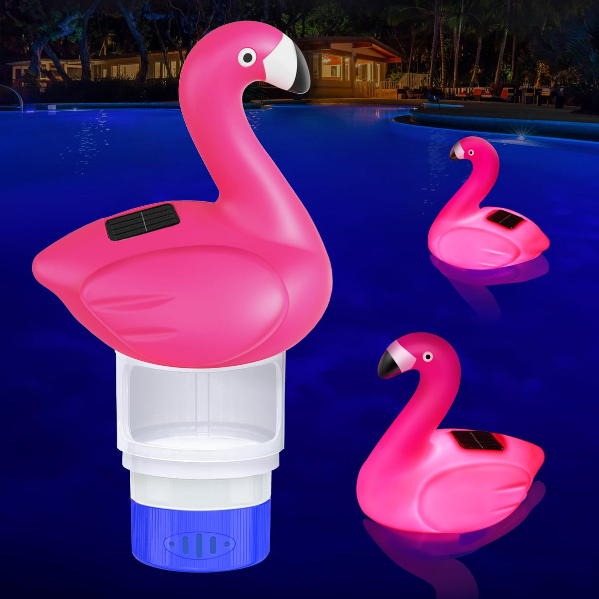 Covfirst Flamingo chlorine floater charging in sun for automatic chlorine release.