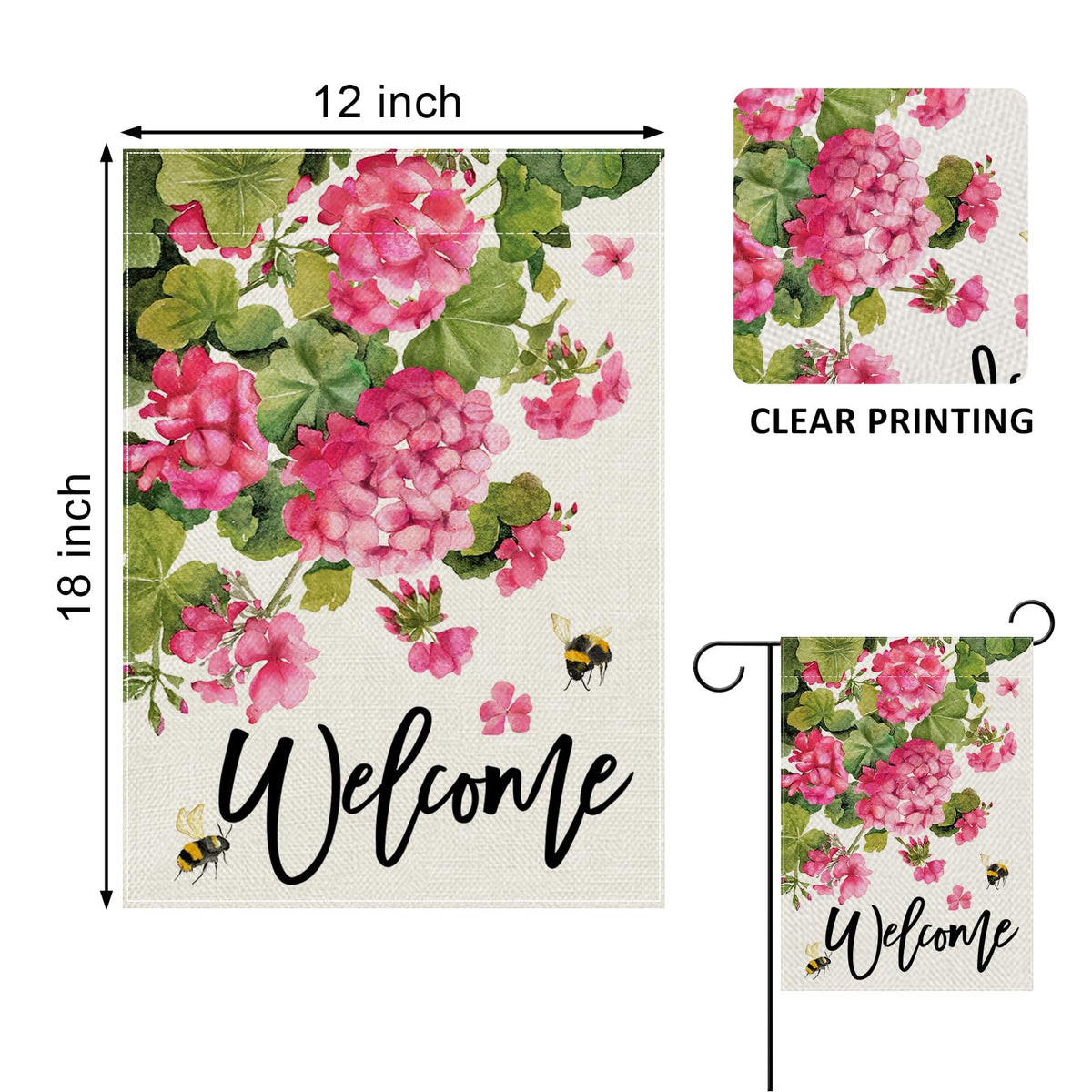 Covido geranium garden flag double sided, visible from both sides.