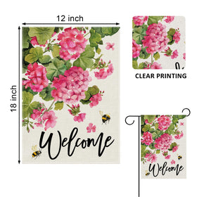 Covido geranium garden flag double sided, visible from both sides.