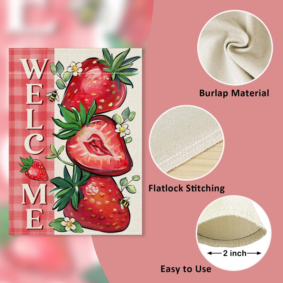 Covido strawberry pattern flag close-up highlights bright imagery and durable material.
