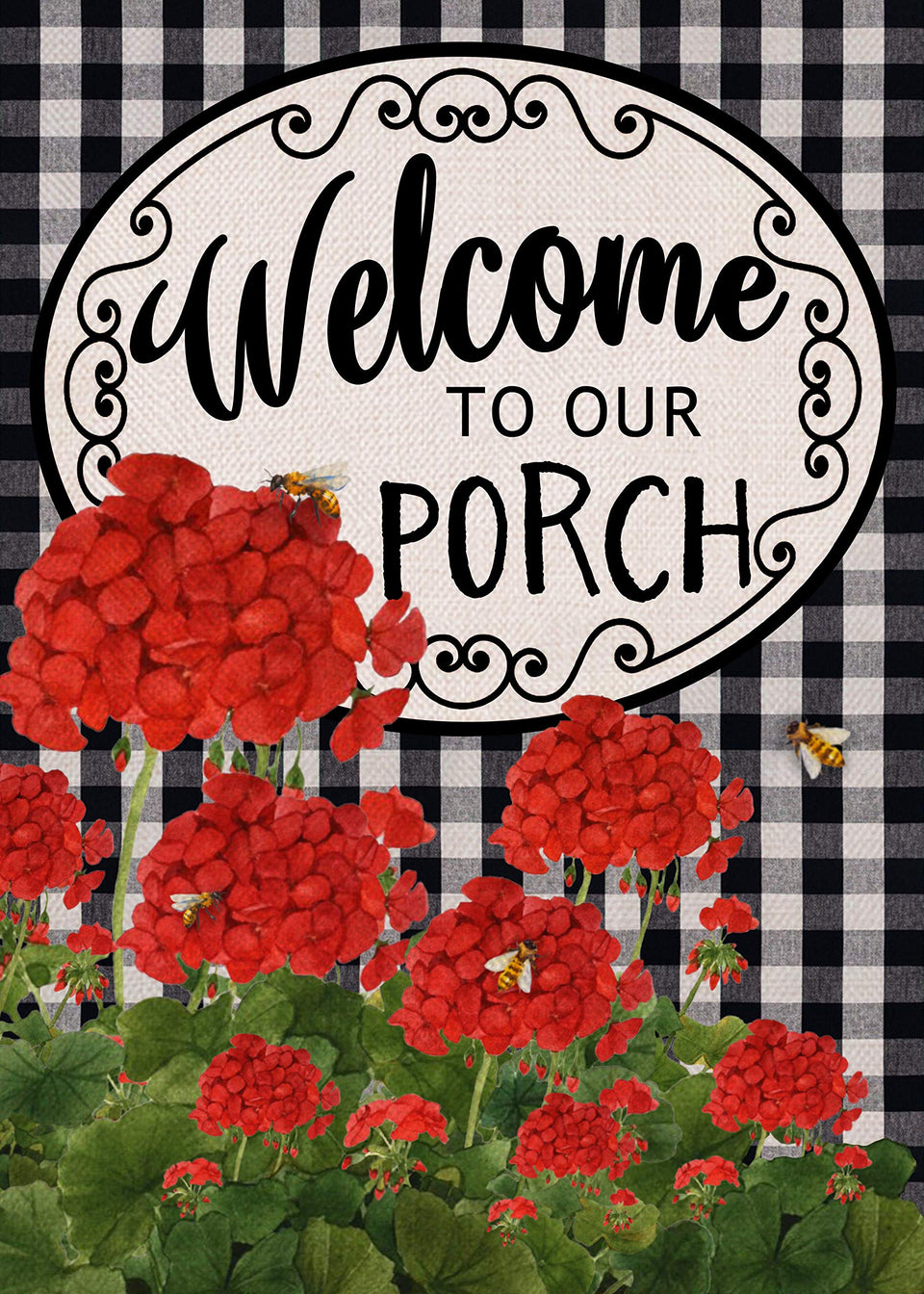 Covido porch flag with red geraniums adds vibrant curb appeal for entryways
