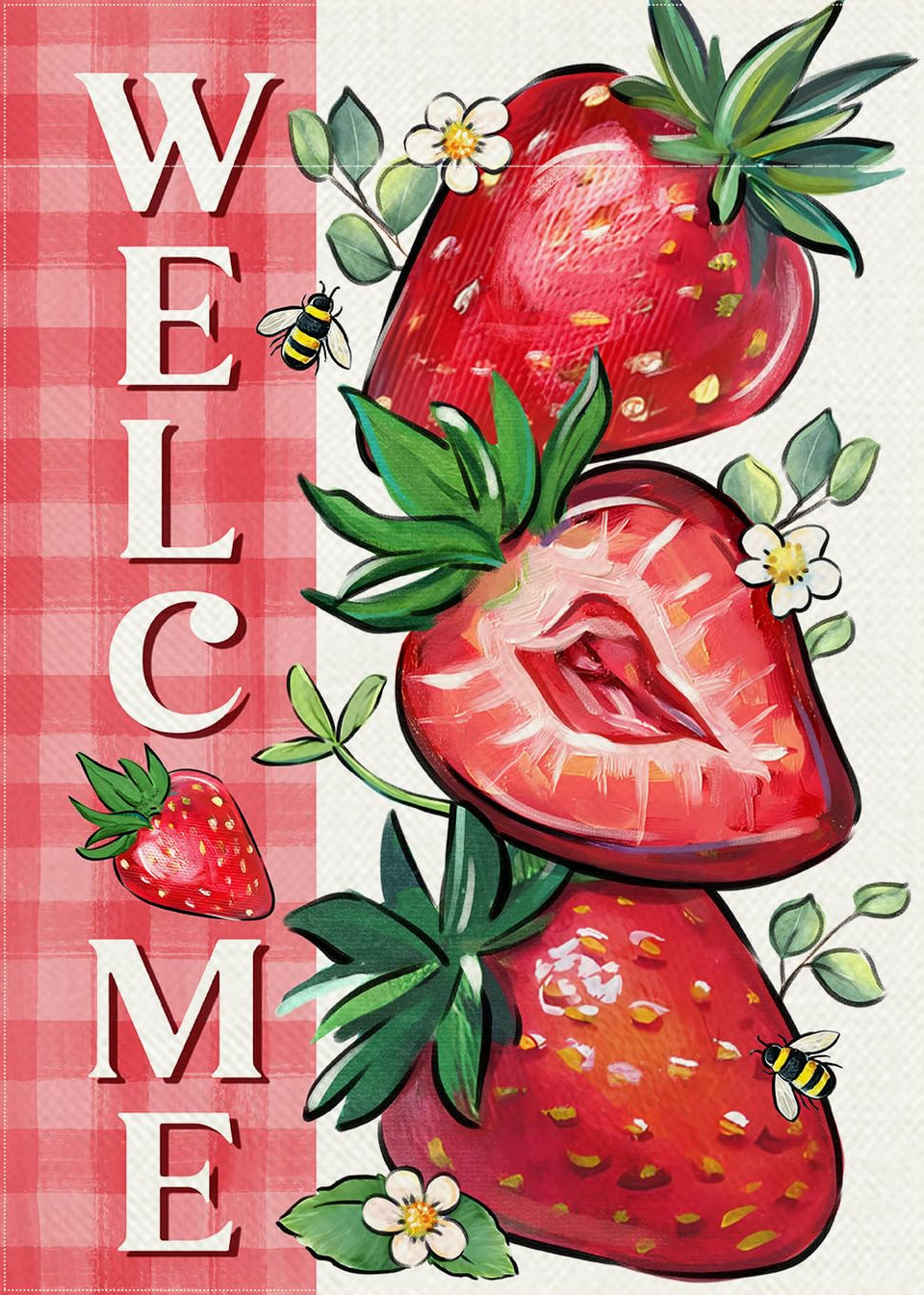 Covido Welcome Spring Strawberry flag: vibrant colorfast print for outdoor garden display.