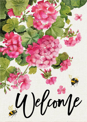 Covido Welcome Spring flag with pink geraniums and bees for outdoor color.