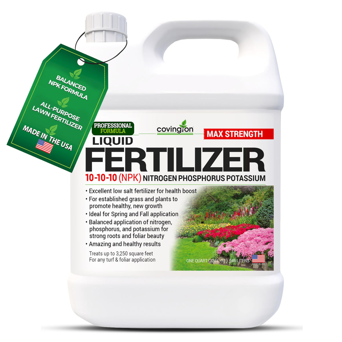 Covington Naturals 10-10-10 bottle label illustrating balanced nutrition for plants.