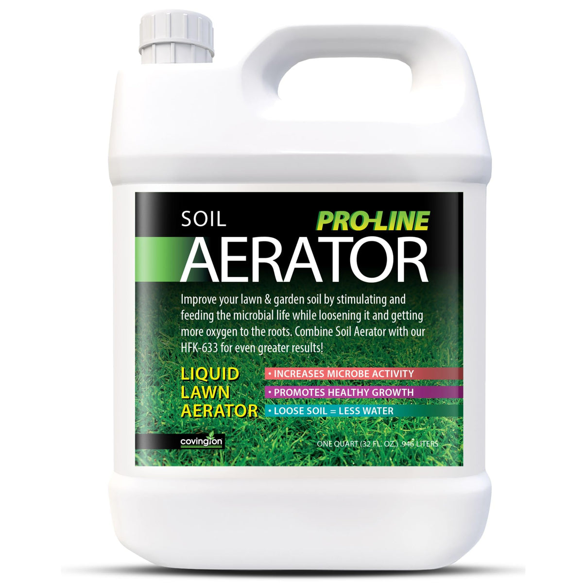 Covington Naturals PRO-LINE bottle pour showing easy application for deeper soil conditioning.