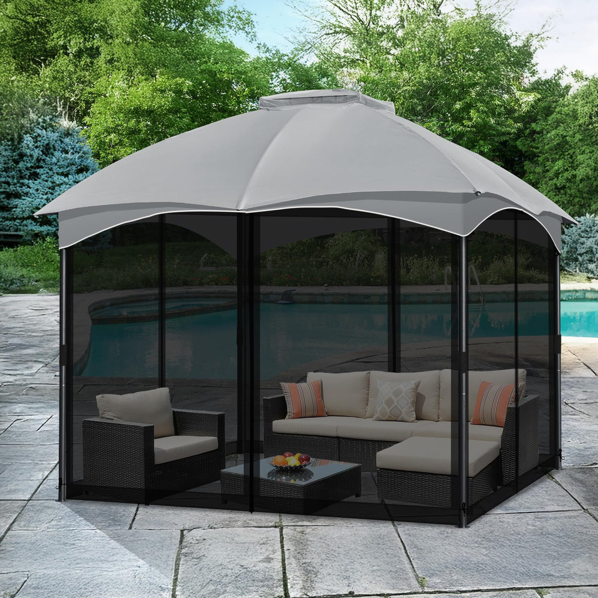 CowVIE gazebo netting durable nylon fabric withstands outdoor wear.