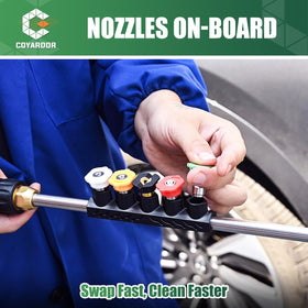 Coyardor barrel sleeve stores five nozzles for quick access.