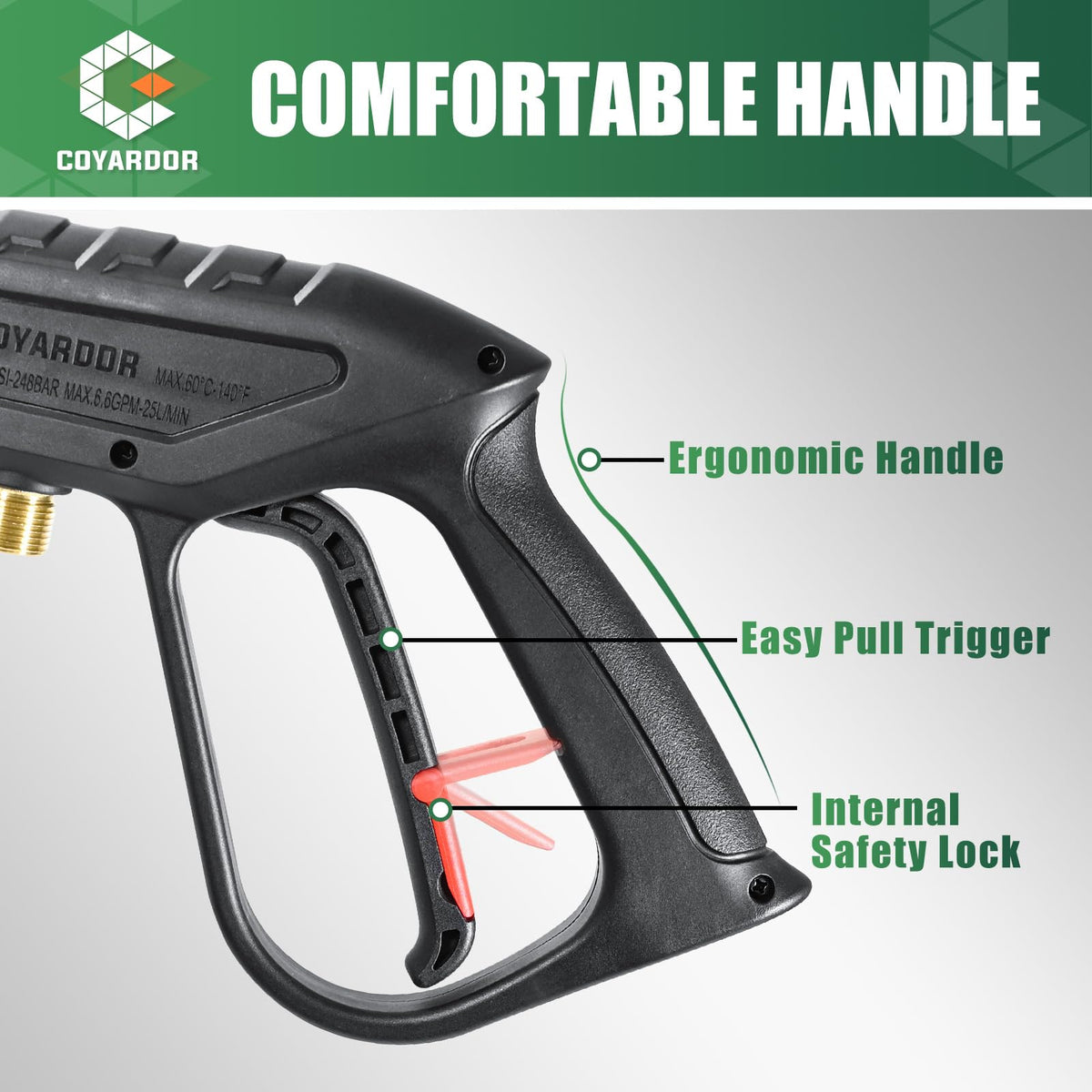 Coyardor ergonomic handle with trigger lock for comfortable operation.