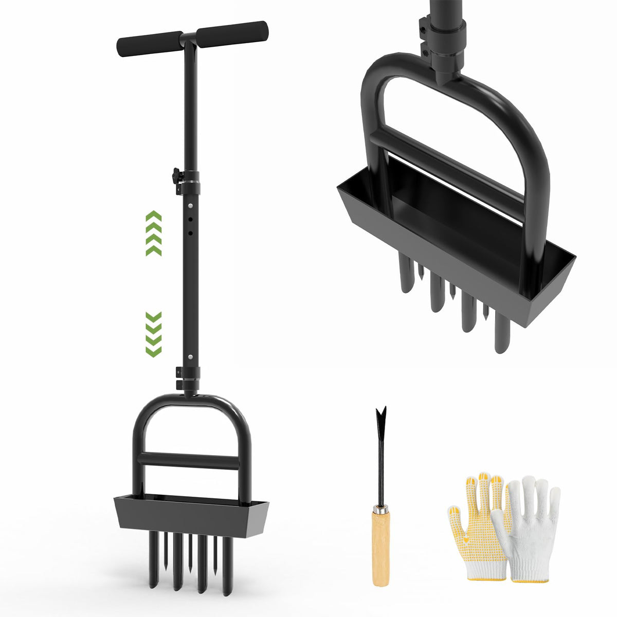 COZEER lawn aerator with 4 hollow tines extracting soil cores to enhance root access