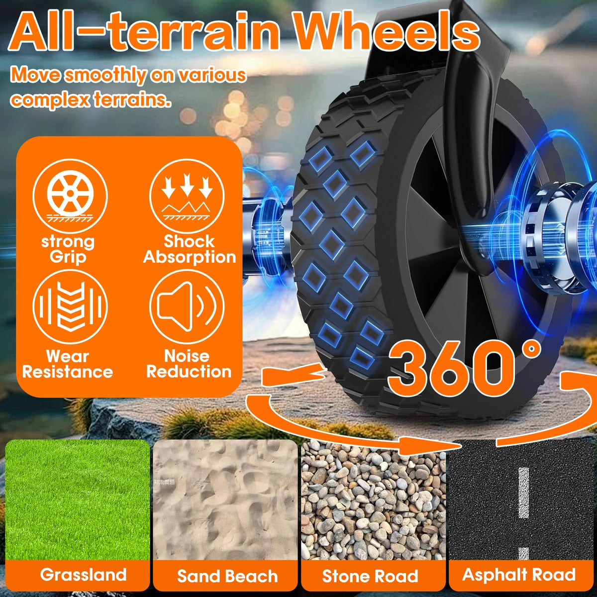 COZEER wagon with 360-degree wheels navigates sand, gravel, and grass smoothly.