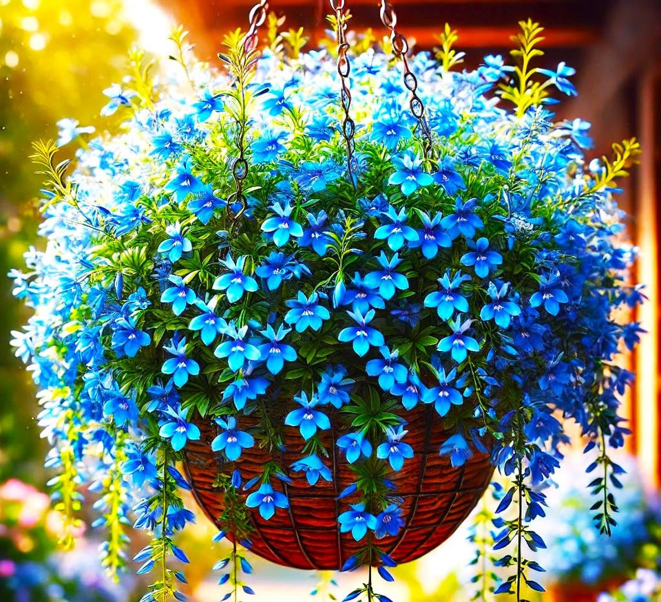 Cozy Crib Lobelia Blue Cascade seeds form a dense blue carpet ideal for borders.