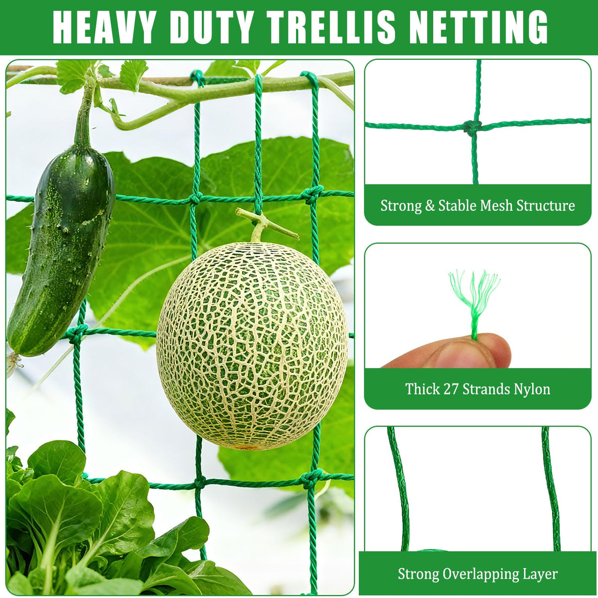 COZYDIG heavy-duty net provides durable support for cucumbers and tomatoes.