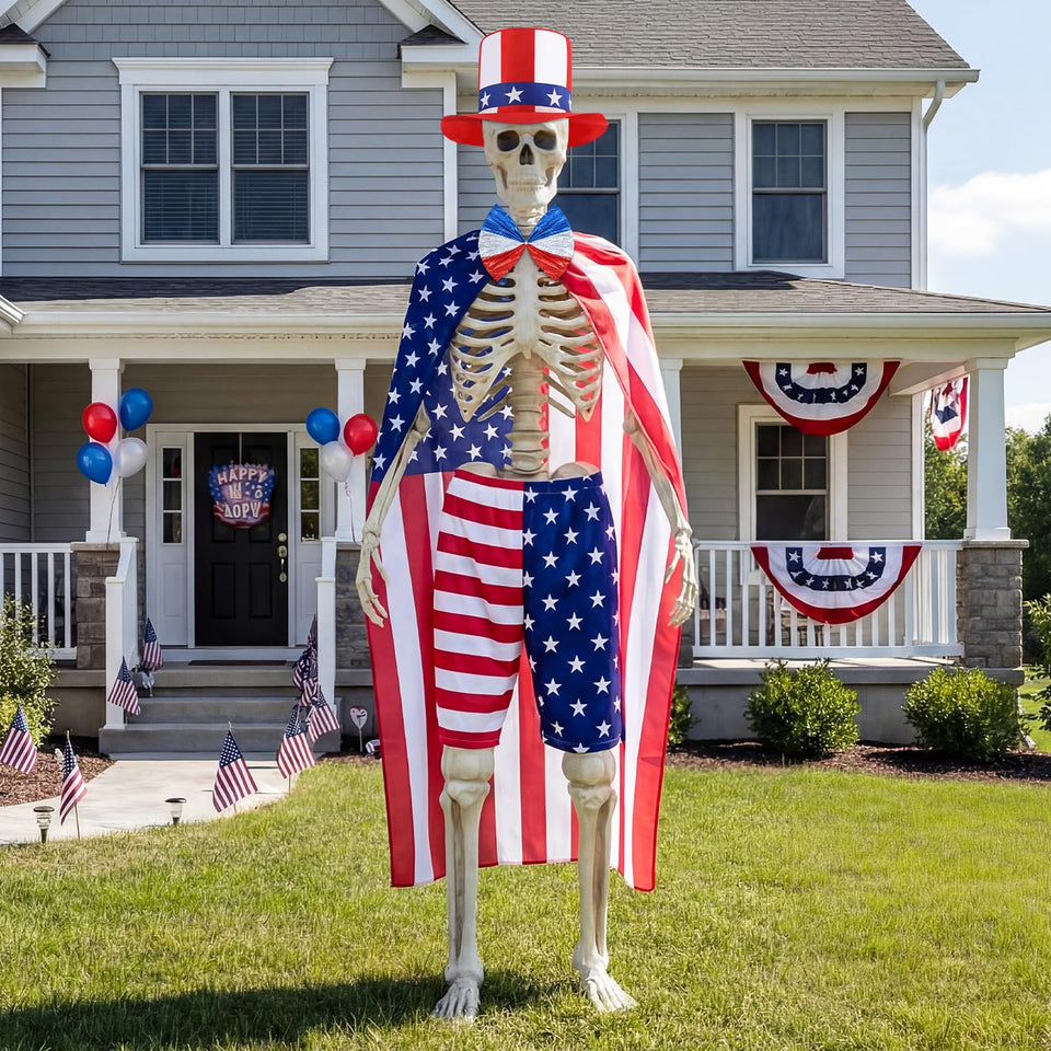 Cozypower 12 ft skeleton outfit with Independence Day hat for striking outdoor decor.