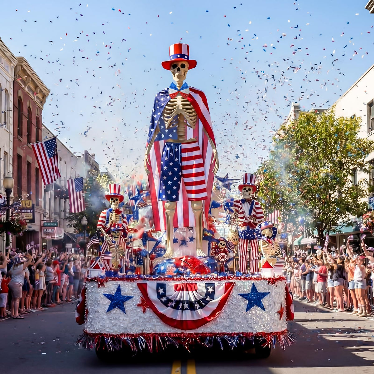 Cozypower skeleton photo ops: ideal patriotic backdrop for celebrations.