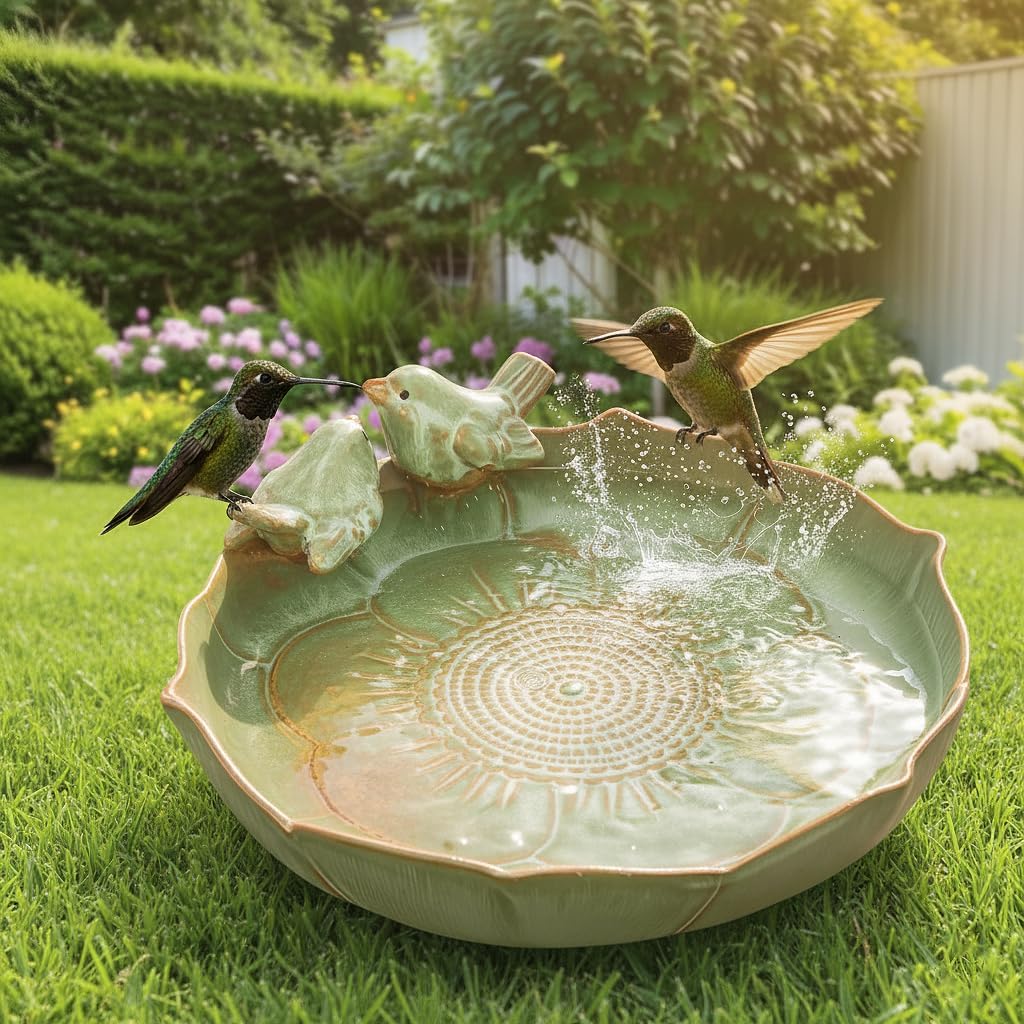 CPWWSXPG ceramic bird bath on the ground blends with greenery to attract backyard birds.