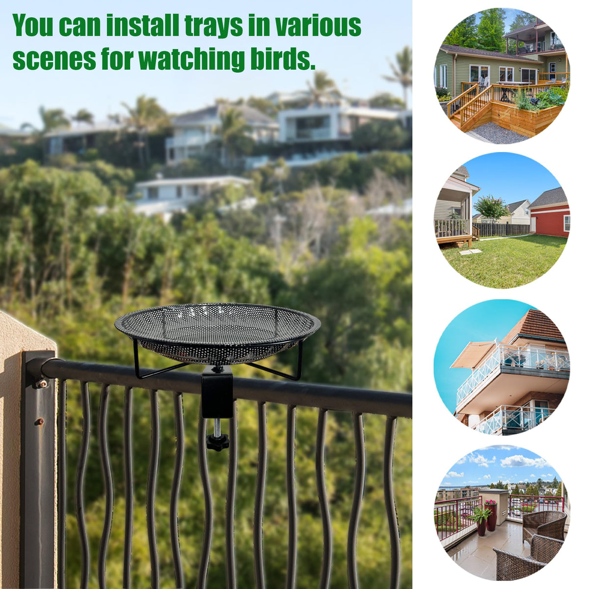 CQAIRIOU deck-mount seed tray securely clamps to railing for easy feeding