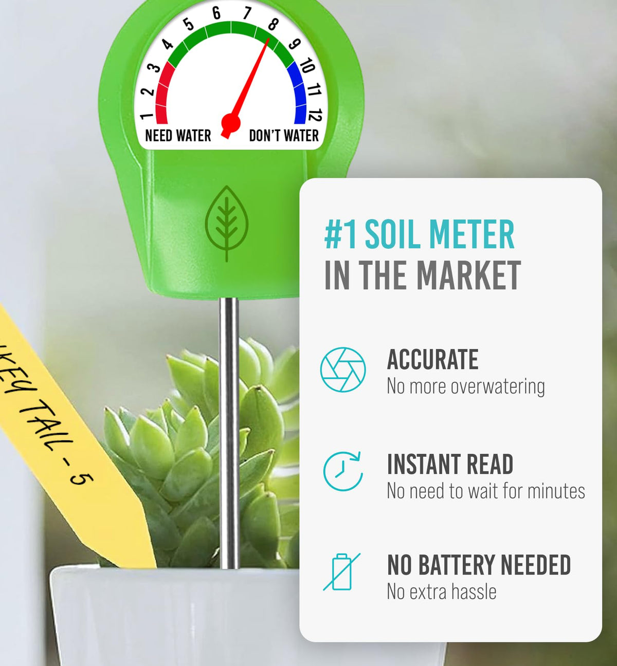 GROWIT moisture meter probe close-up demonstrating instant soil readings.
