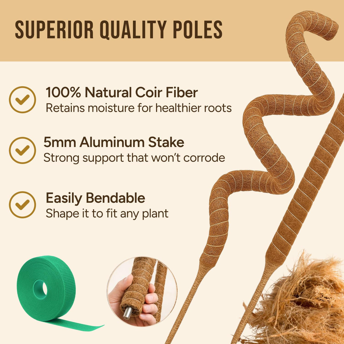Craft911 bendable moss pole shows flexible shaping for balanced plant growth.