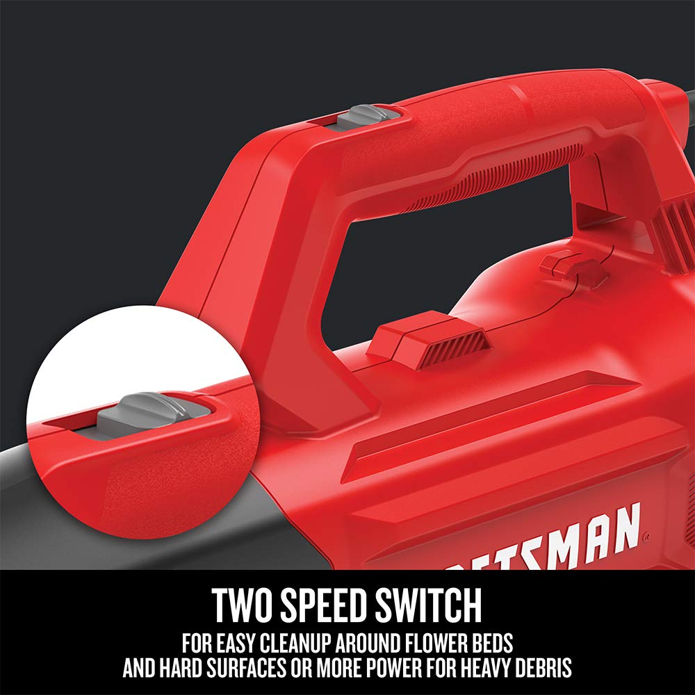 CRAFTSMAN corded leaf blower includes two-speed control for versatile cleanup.