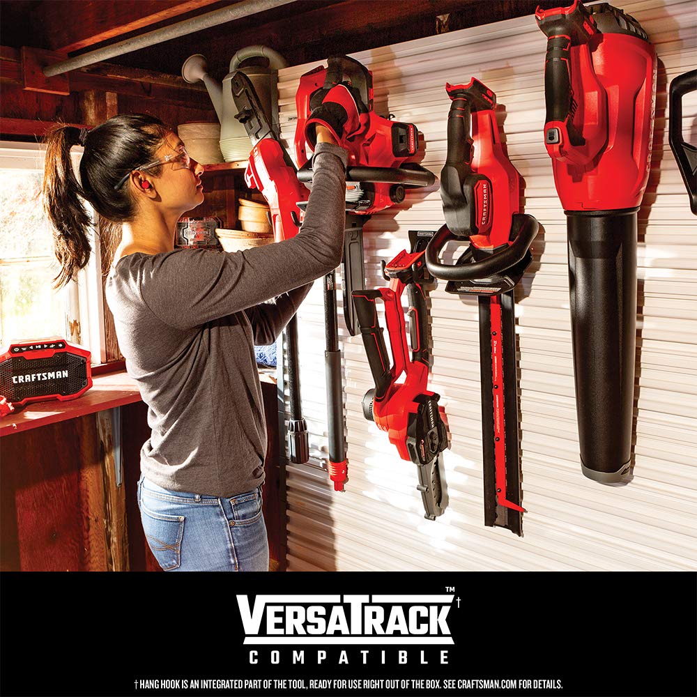 CRAFTSMAN corded leaf blower with Versatrack hook for easy wall storage.