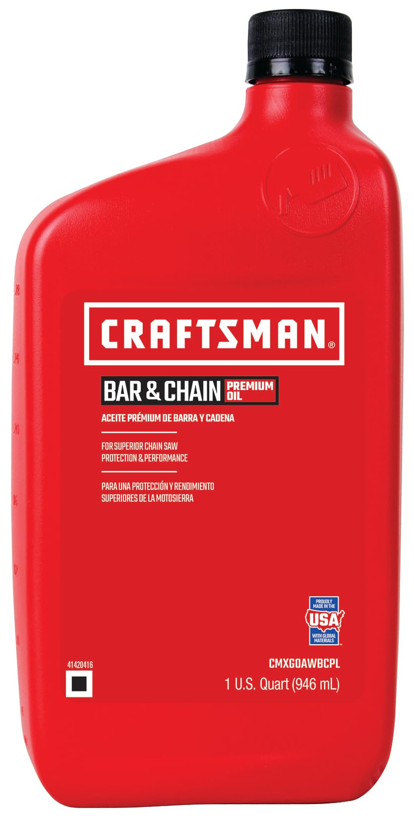 CRAFTSMAN Premium Bar & Chain Oil bottle pour improves lubrication for smoother cuts and protection.