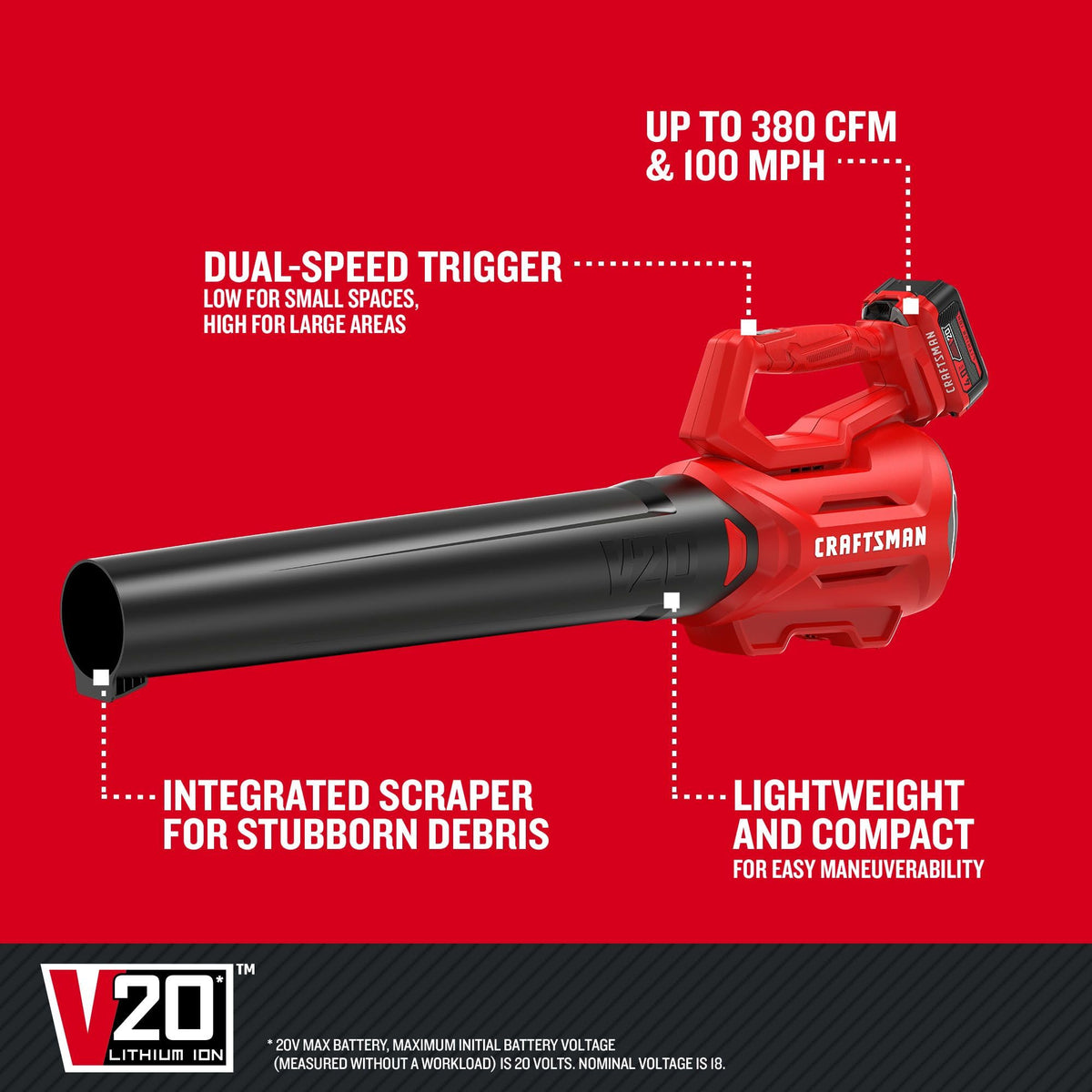 CRAFTSMAN V20 axial leaf blower kit delivers 380 CFM and 100 MPH performance
