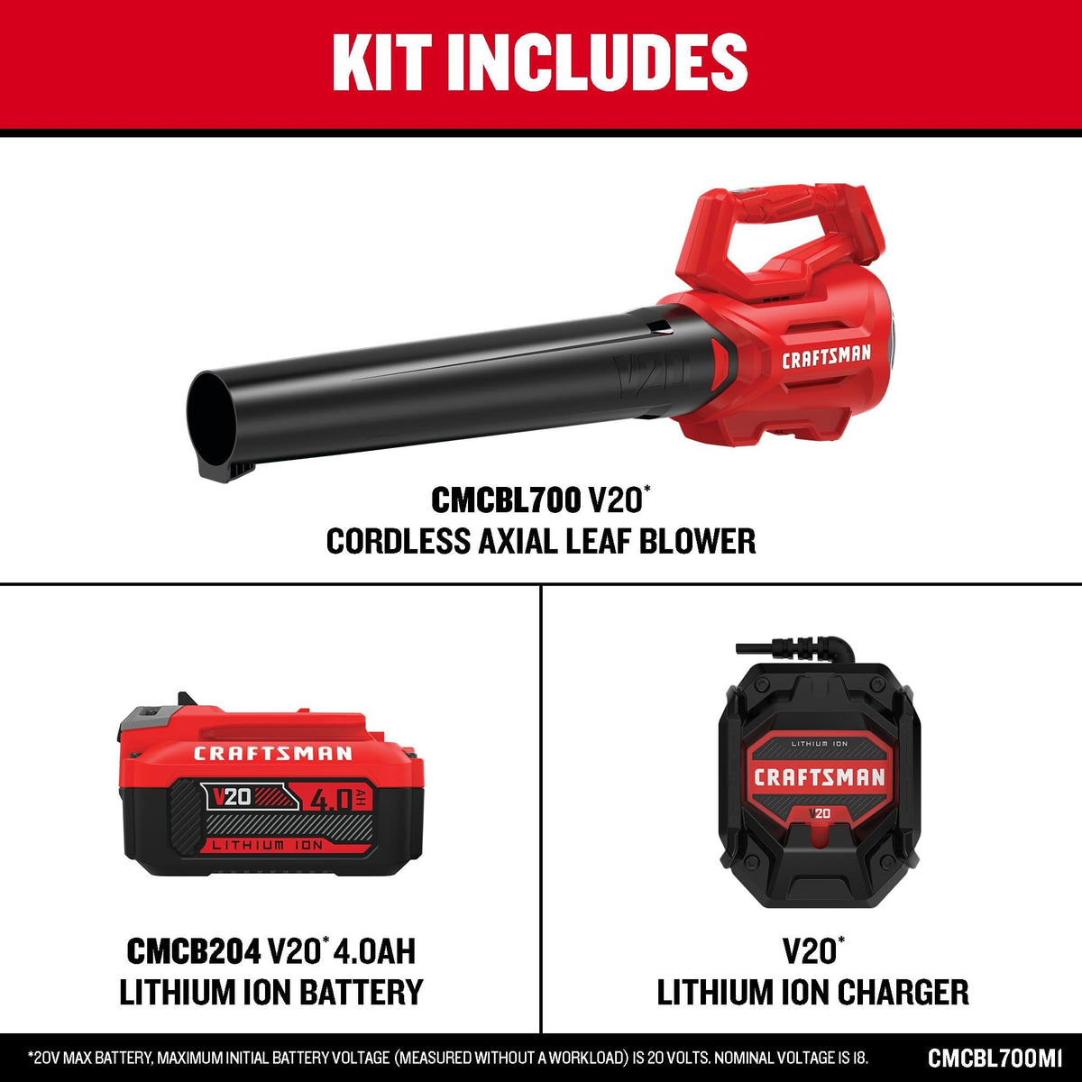 CRAFTSMAN V20 axial leaf blower kit with 4Ah battery for extended runtime