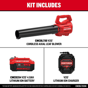 CRAFTSMAN V20 axial leaf blower kit with 4Ah battery for extended runtime