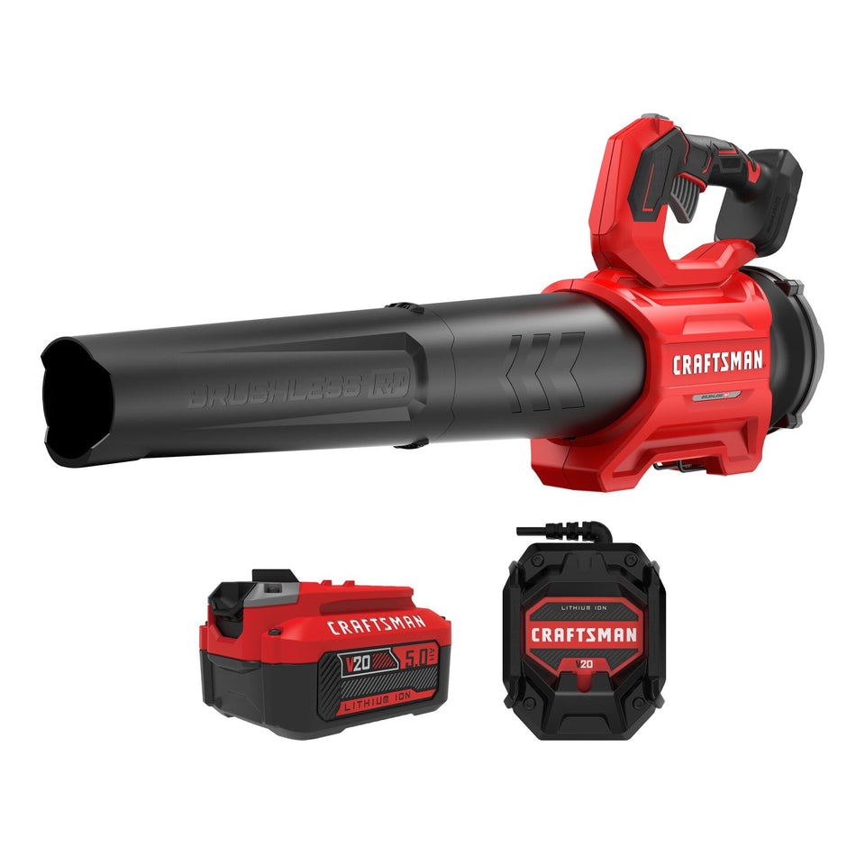 CRAFTSMAN V20 blower with battery and charger for quick outdoor cleanup.