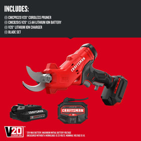 CRAFTSMAN V20 cordless pruner with charger included for quick recharge on site
