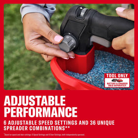 Six-speed settings on the Craftsman V20 spreader adapt to materials.