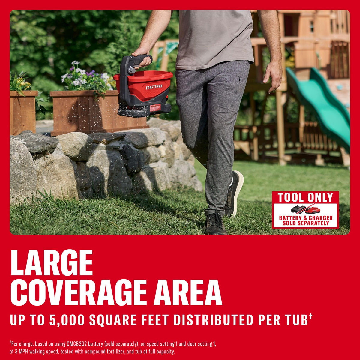 Craftsman V20 spreader demonstrates adjustable swath for precise distribution.