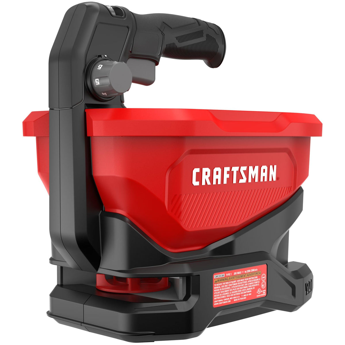 Craftsman V20 four-season spreader with 1.2-gallon tub for large-area coverage.