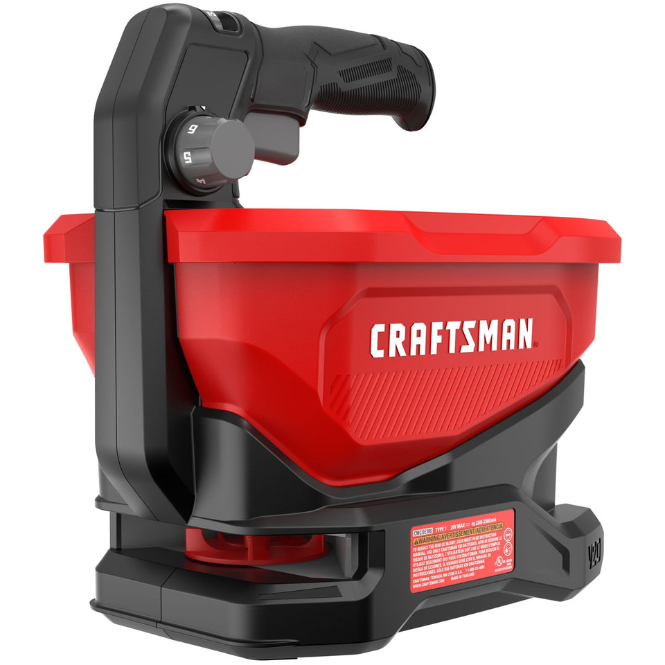 Craftsman V20 four-season spreader with 1.2-gallon tub for large-area coverage.