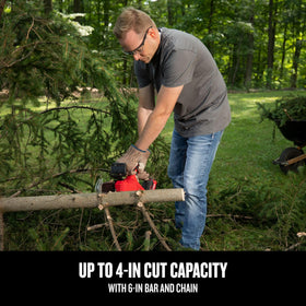 Close-up of the cutting action on the CRAFTSMAN V20 mini pruning chainsaw
