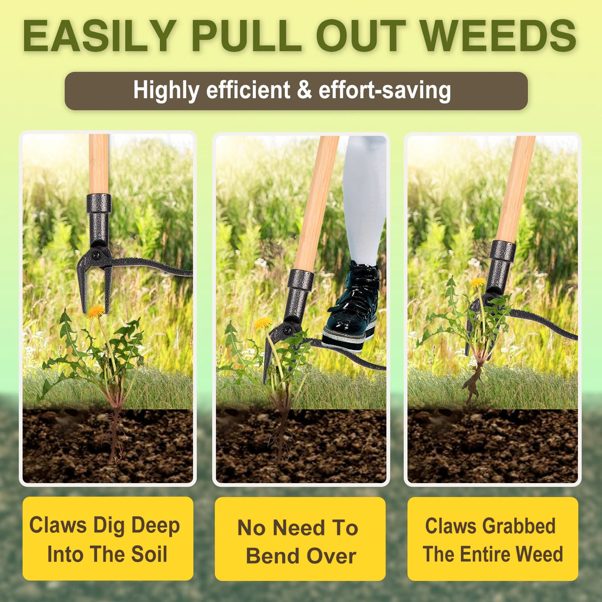 CraftZone 4-claw steel head grips weeds at the root for secure removal.