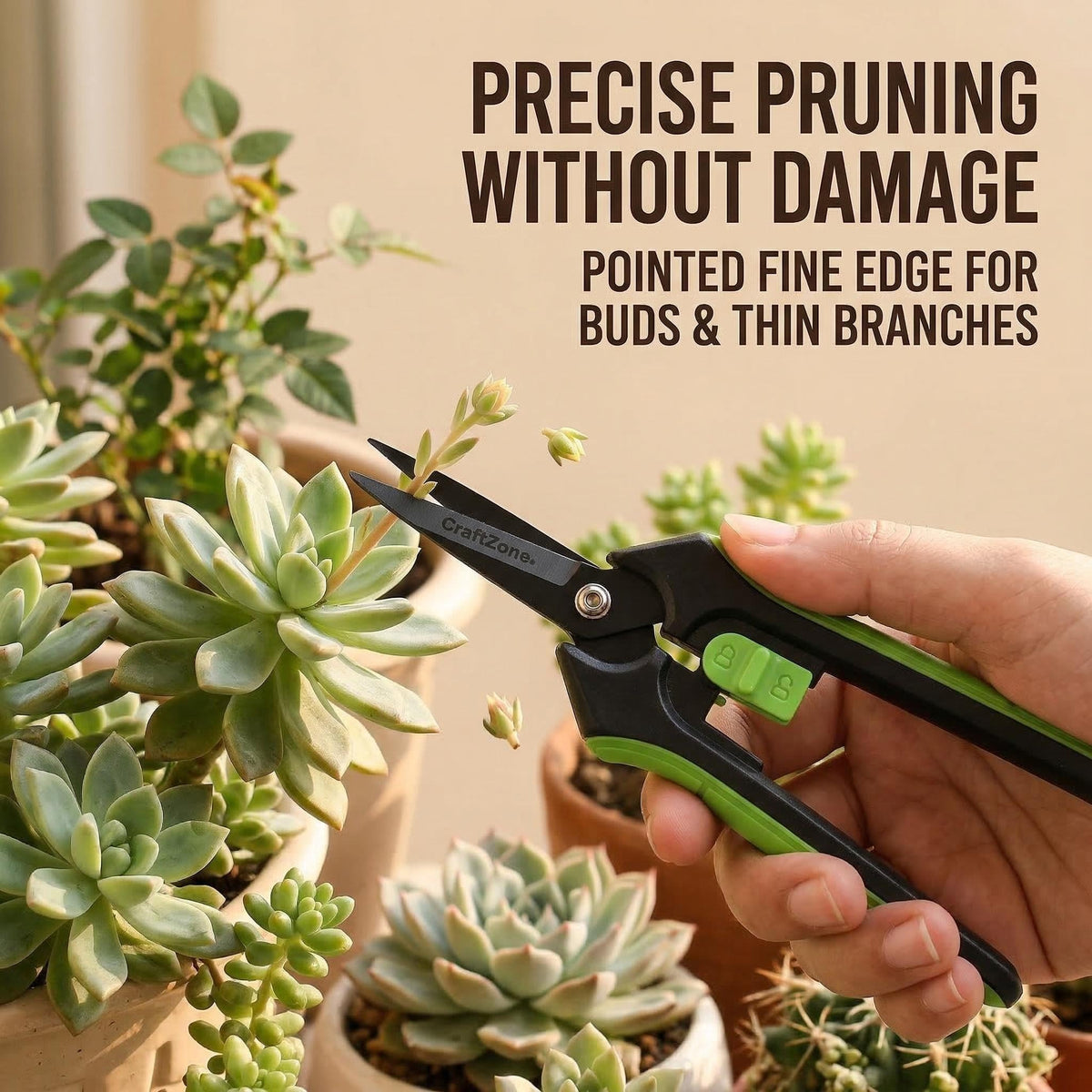 CraftZone pruner with safety lock keeps blades secure.