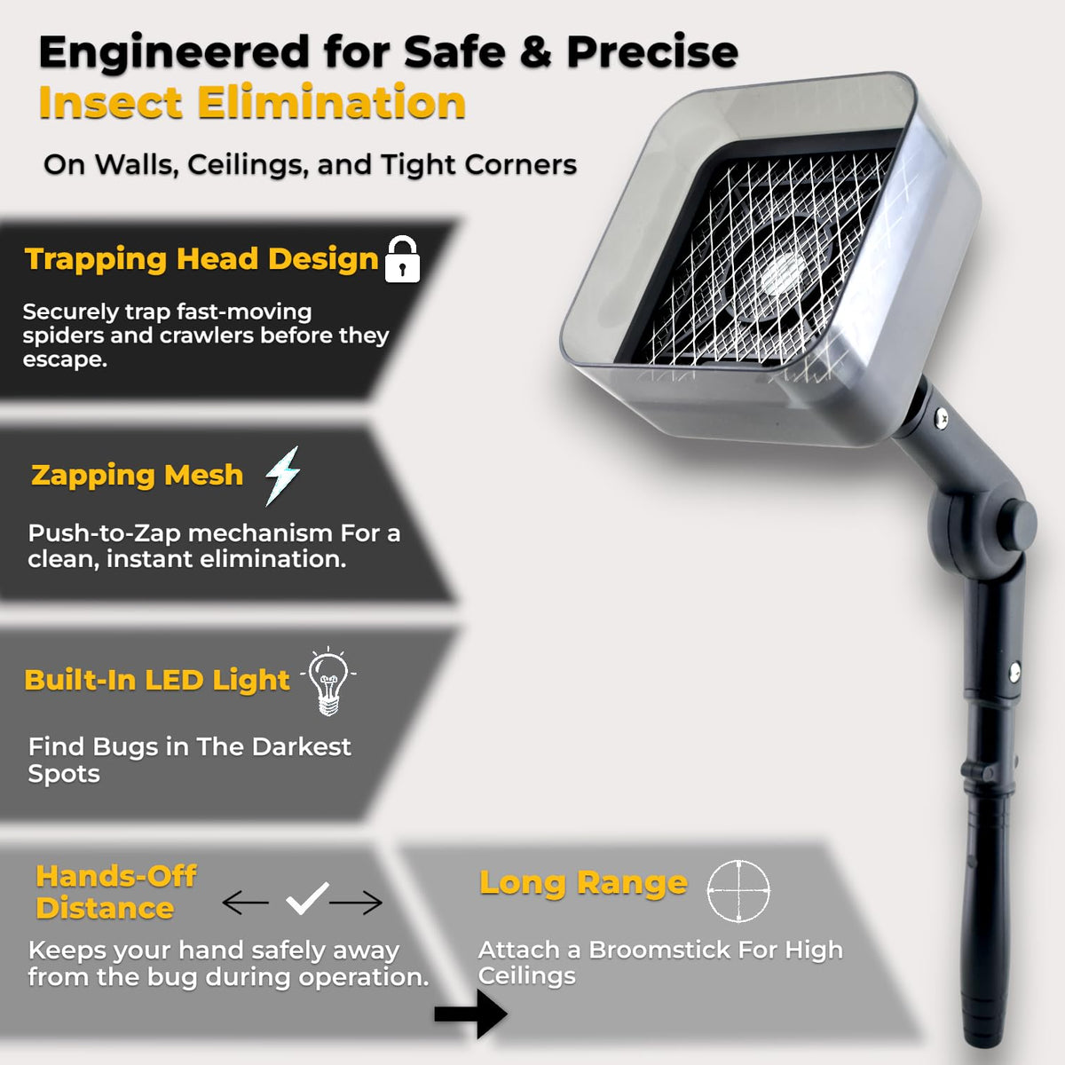 Crawler Buster LED-targeting-light improves visibility during indoor pest events.