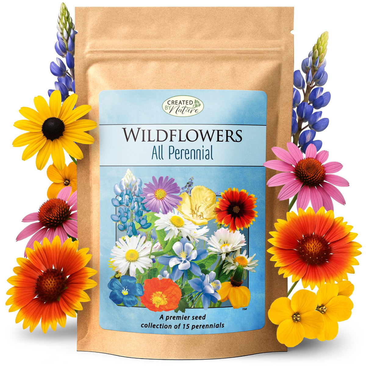Created By Nature all-perennial seeds pack front view with long-lasting blooms